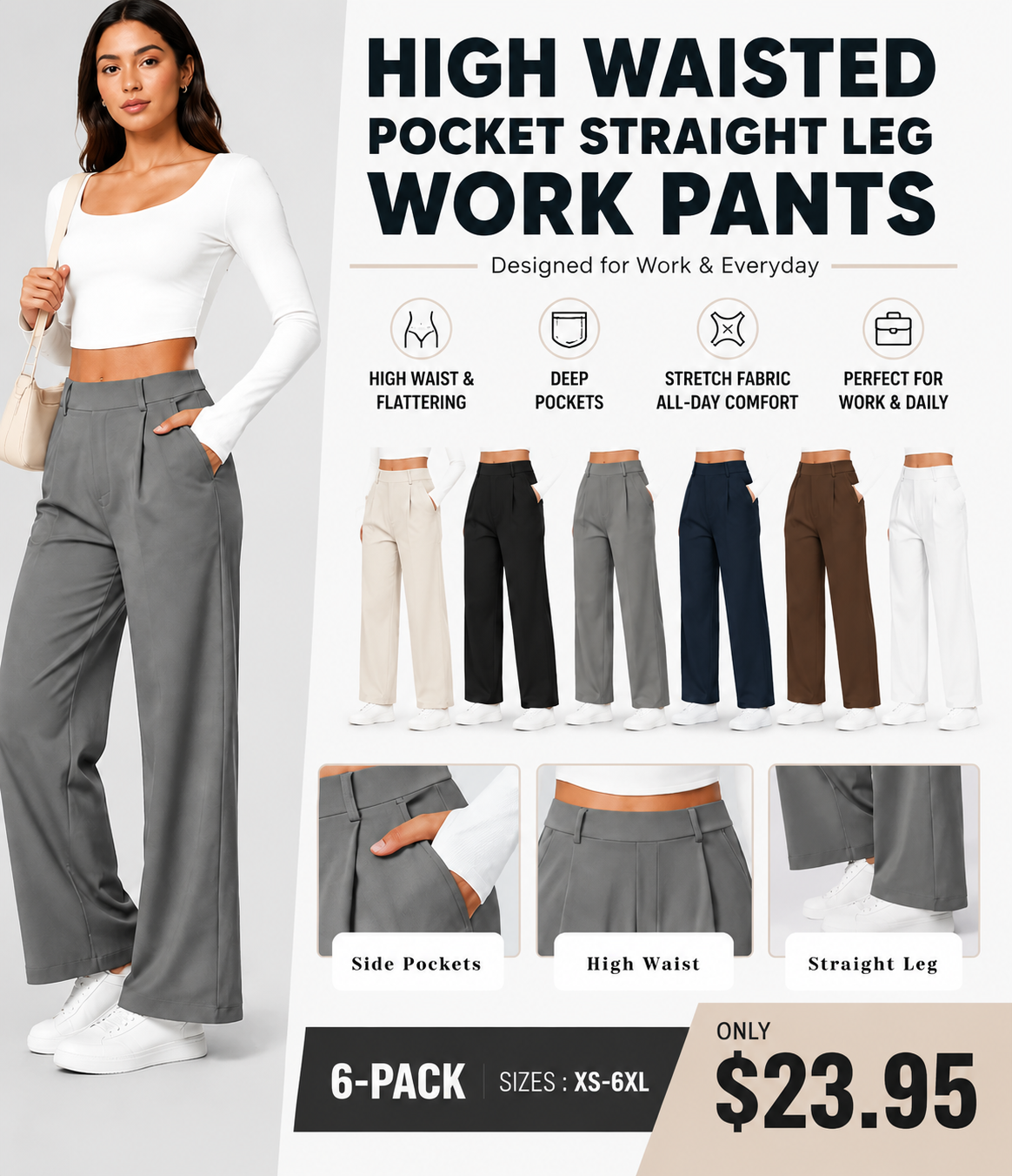 High Waisted Pocket Straight Leg Work Pants
