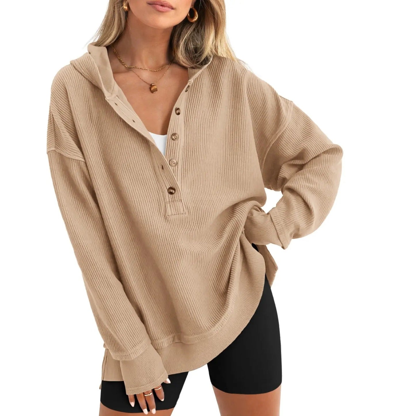 Women’s Oversized V-Neck Hoodie – Relaxed Button Pullover with Side Slits