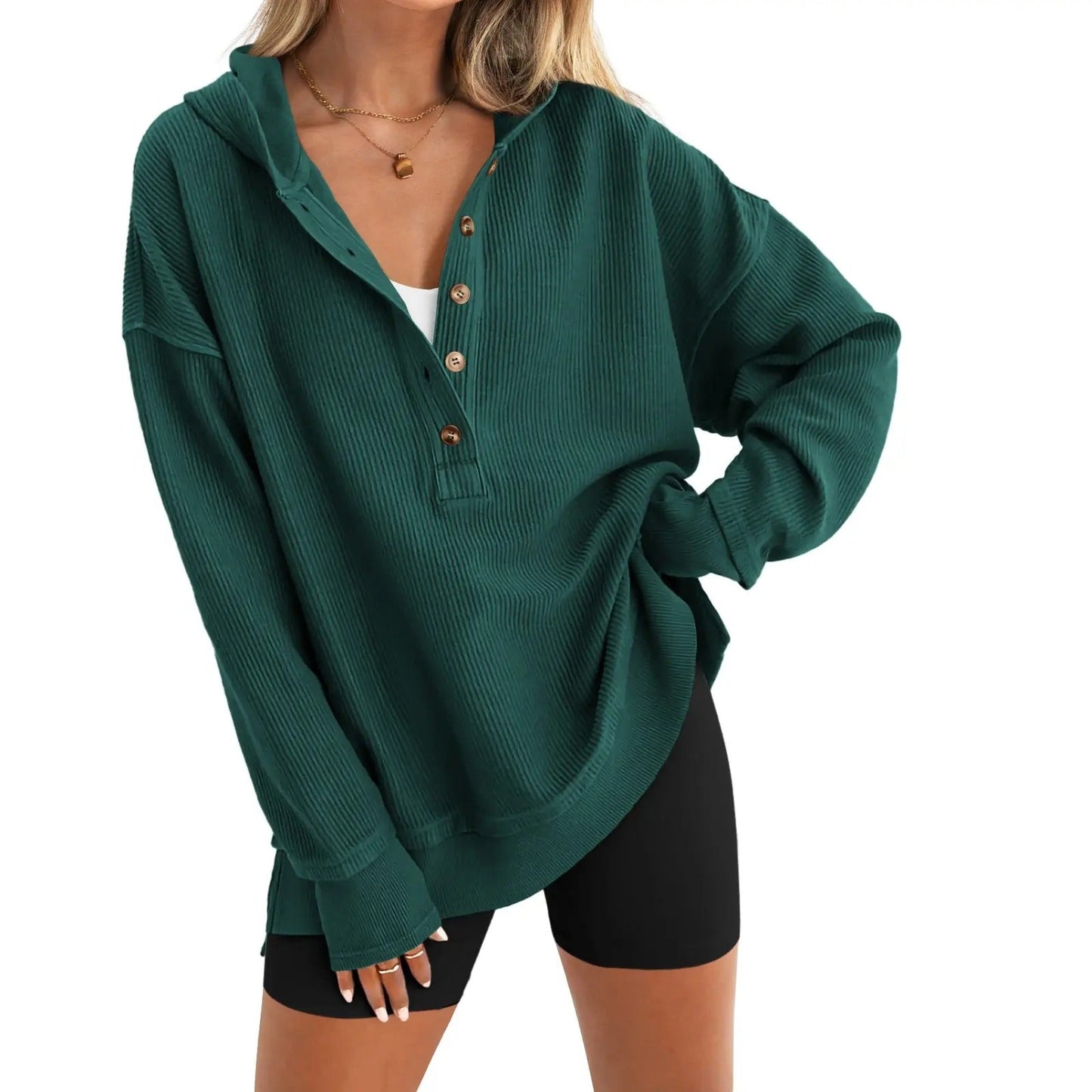Women’s Oversized V-Neck Hoodie – Relaxed Button Pullover with Side Slits