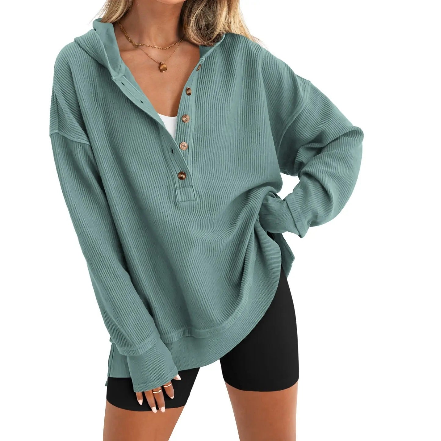 Women’s Oversized V-Neck Hoodie – Relaxed Button Pullover with Side Slits