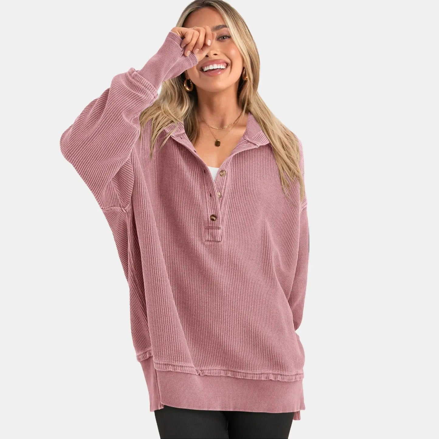 Women’s Oversized V-Neck Hoodie – Relaxed Button Pullover with Side Slits