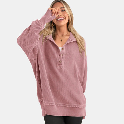 Women’s Oversized V-Neck Hoodie – Relaxed Button Pullover with Side Slits