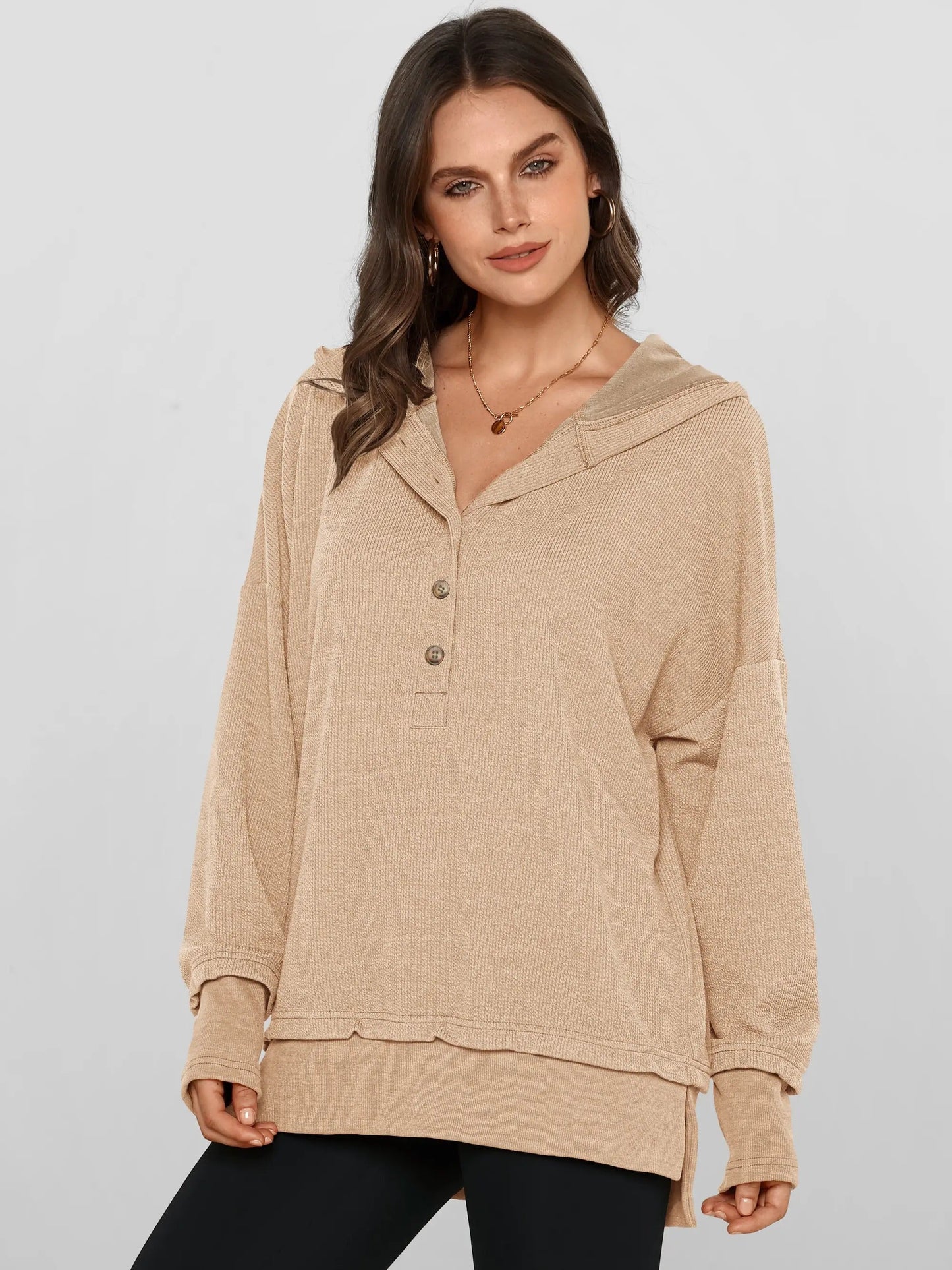 Women’s Oversized V-Neck Hoodie – Relaxed Button Pullover with Side Slits