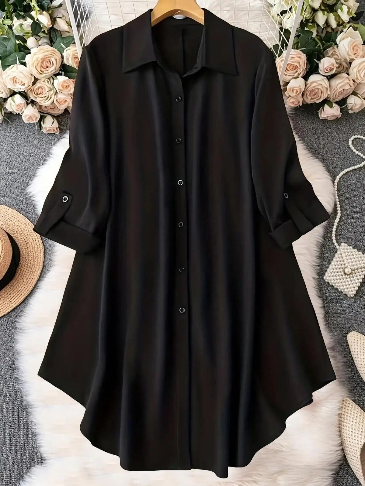 Plus-Size Solid Long Sleeve Button Up Blouse for Spring & Fall