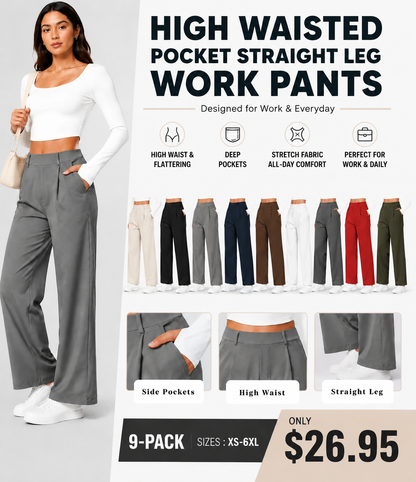 High Waisted Pocket Straight Leg Work Pants
