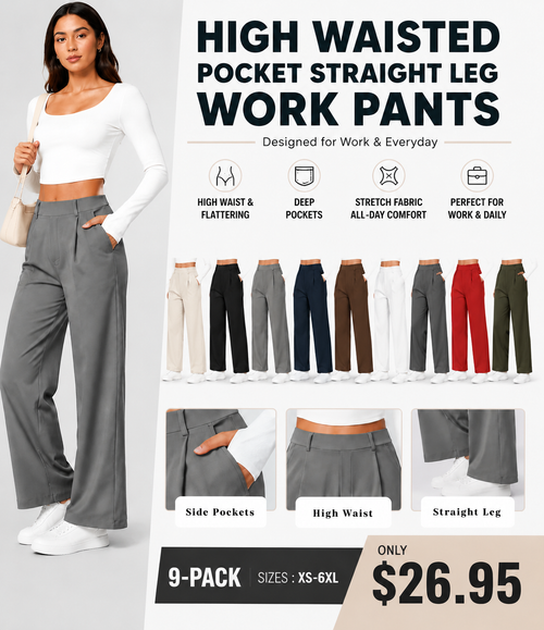 High Waisted Pocket Straight Leg Work Pants