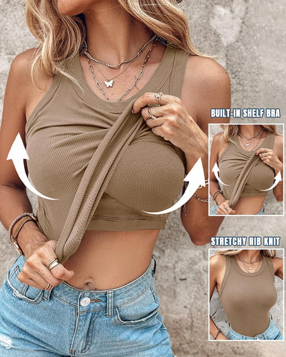 Women Everyday Basic Ribbed Built-in Bra Tank