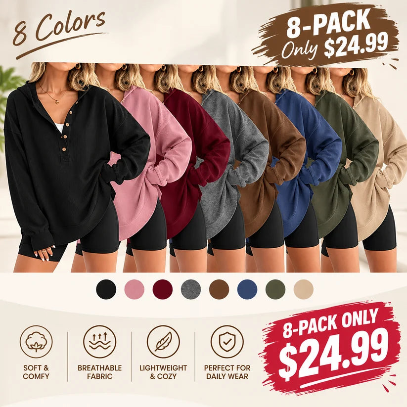 Women’s Oversized V-Neck Hoodie – Relaxed Button Pullover with Side Slits