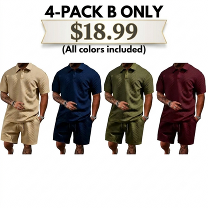 Men's Casual Solid-Color Polo Shirt and Shorts Two-Piece Set