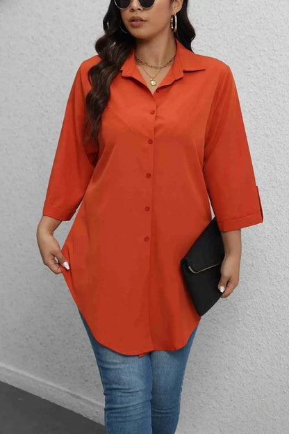Plus-Size Solid Long Sleeve Button Up Blouse for Spring & Fall