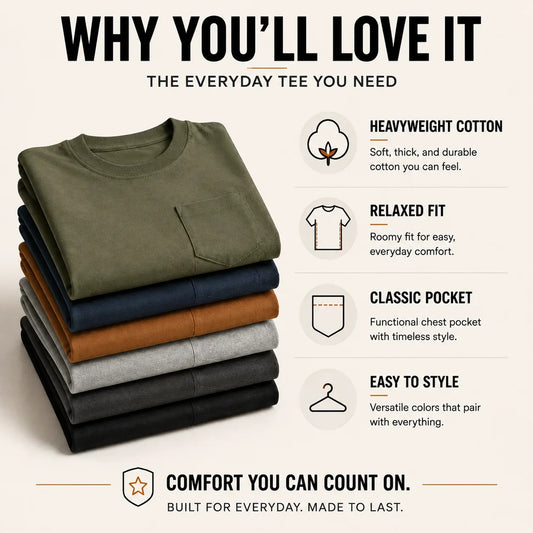 🔥Men's Heavyweight Cotton Pocket T-Shirt – Relaxed Fit Everyday Casual Tee | Big & Tall Available