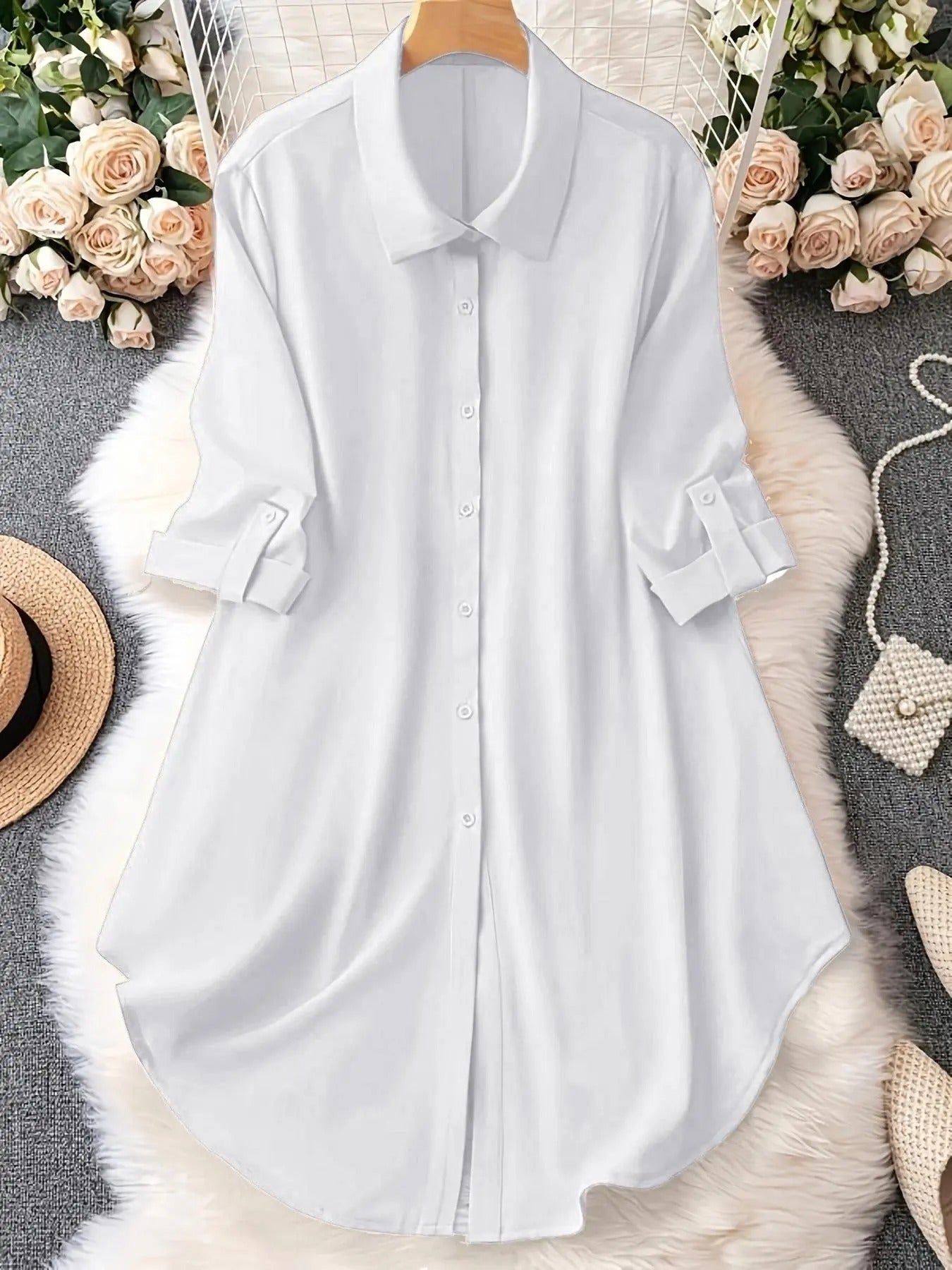 Plus-Size Solid Long Sleeve Button Up Blouse for Spring & Fall
